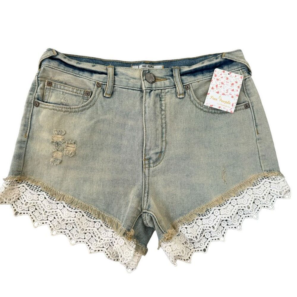Free People Lace Trim Jean Shorts Women's Size 24 Mid Rise Denim NWT